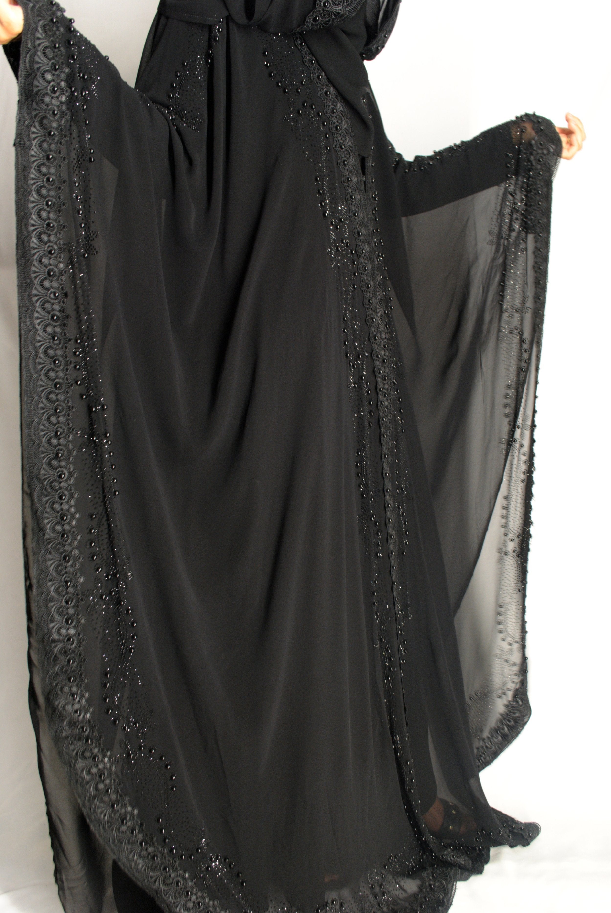 Black Chiffon Over Coat with Lace & Stonework