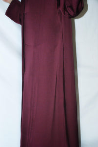 Dark maroon open abaya in premium nida fabric with subtle front panel detailing