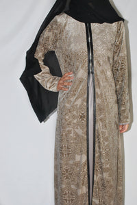 Simple cream velvet overcoat with embossed floral pattern and black trim, modest wear