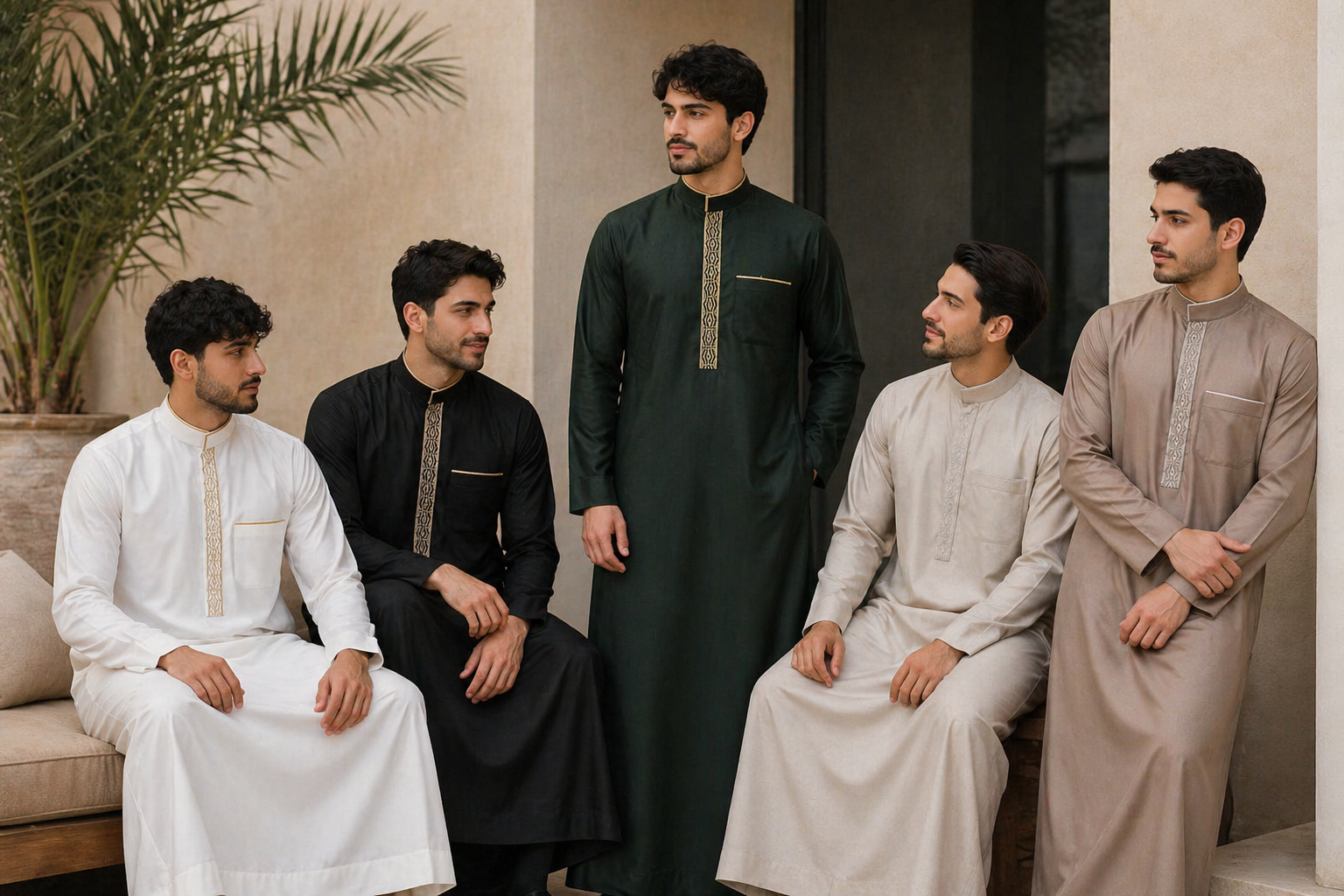 Five men wearing traditional Middle Eastern attire in a casual setting.