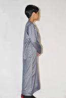 Boys grey Omani thobe back view designed to finish above the ankle