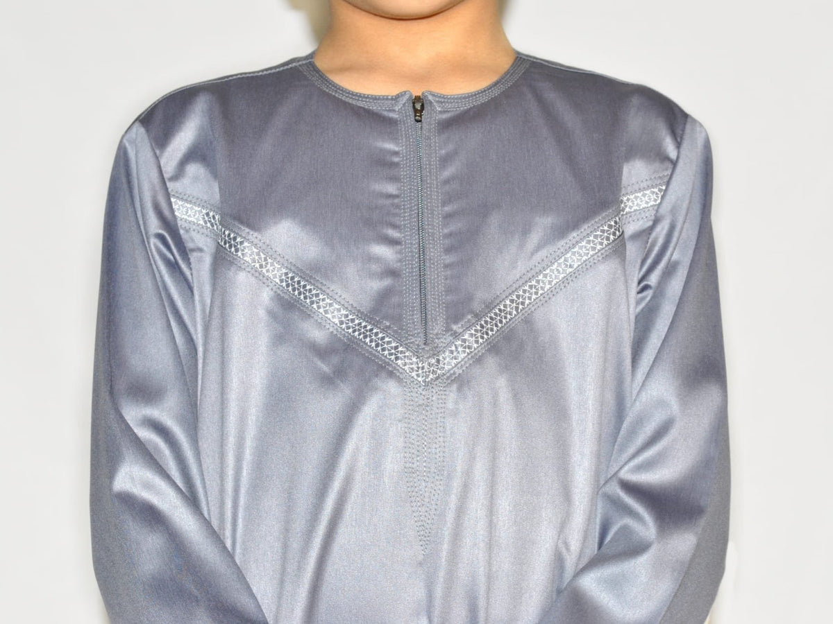 Grey Omani thobe detail for boys and children