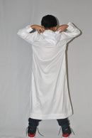 Boys white hooded thobe back view designed to finish above the ankle