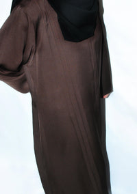 Brown open abaya with premium nida fabric and black hijab on white background