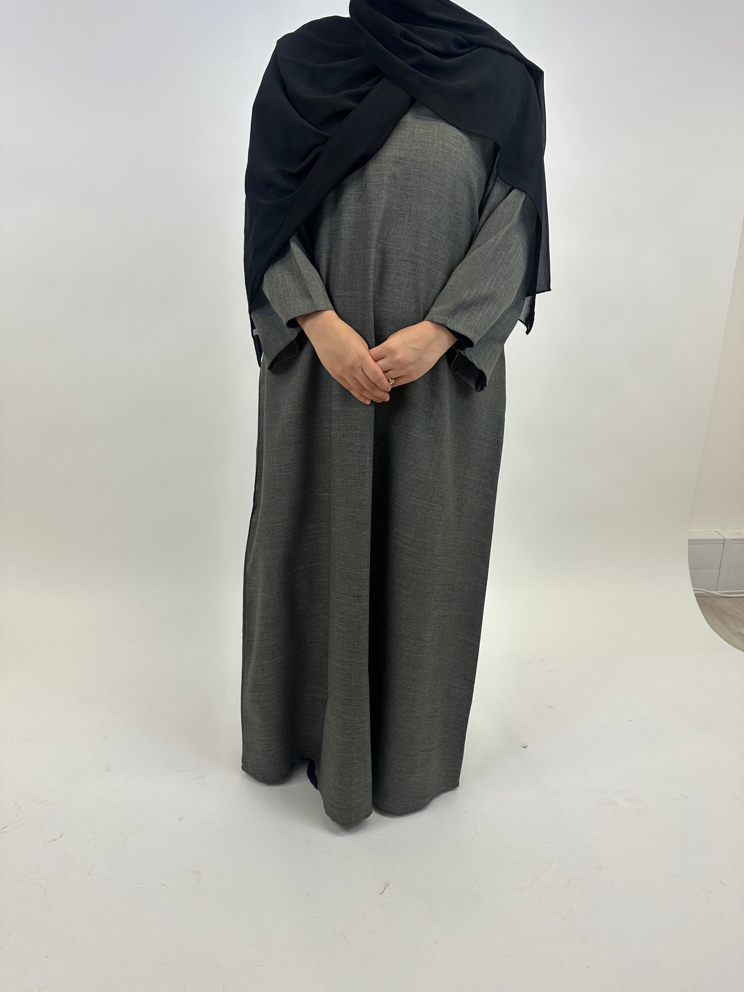 Grey Linen Closed Abaya With Wide Sleeves