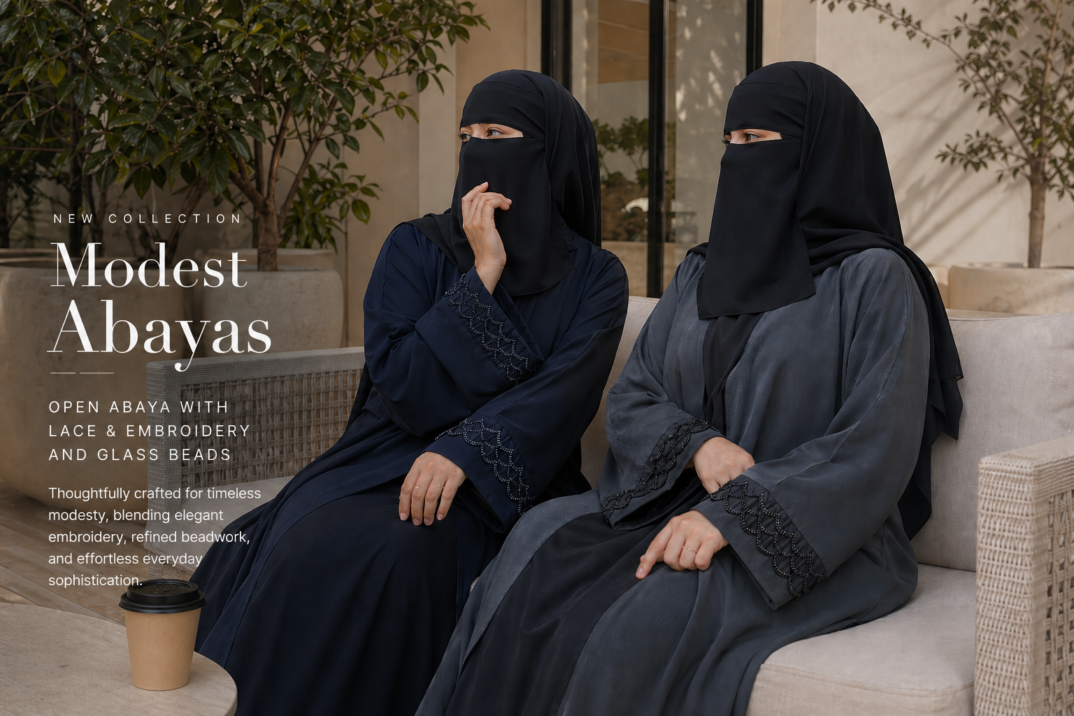 Two women wearing black abayas sitting on a couch with promotional text for modest abayas.