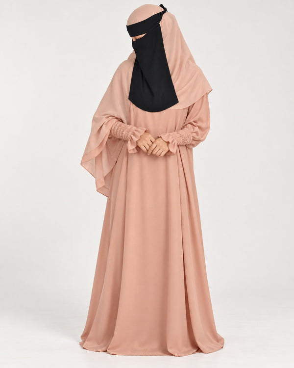 Women’s peach cuffed sleeve abaya front view