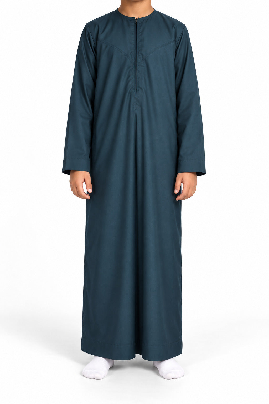 Boy wearing a dark marine blue Omani thobe with curved chest stitching, front view