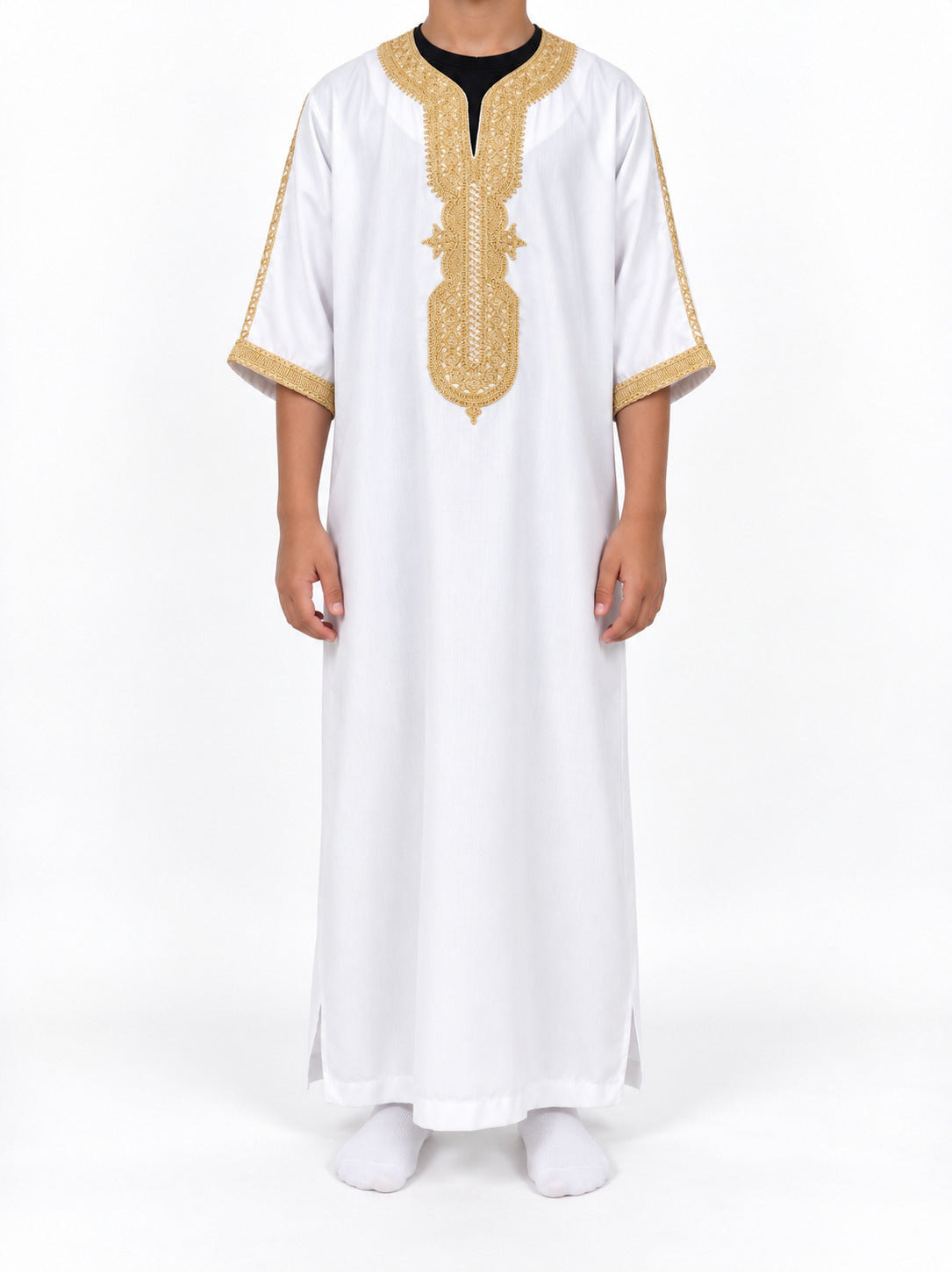 Boy wearing a white Moroccan thobe with gold embroidery and sleeves extending below the elbows, front view