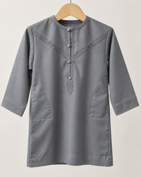 Toddler grey Omani thobe front view for kids in sizes 18–32