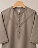 Toddler taupe Emirati thobe back view for children in sizes 18–32