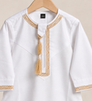 Toddler white and gold Emirati thobe back view for children in sizes 18–32