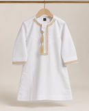 Toddler white and gold Emirati thobe front view for kids in sizes 18–32