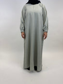 Women’s beige linen closed abaya front view