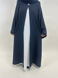 Women’s navy embroidered open abaya front view