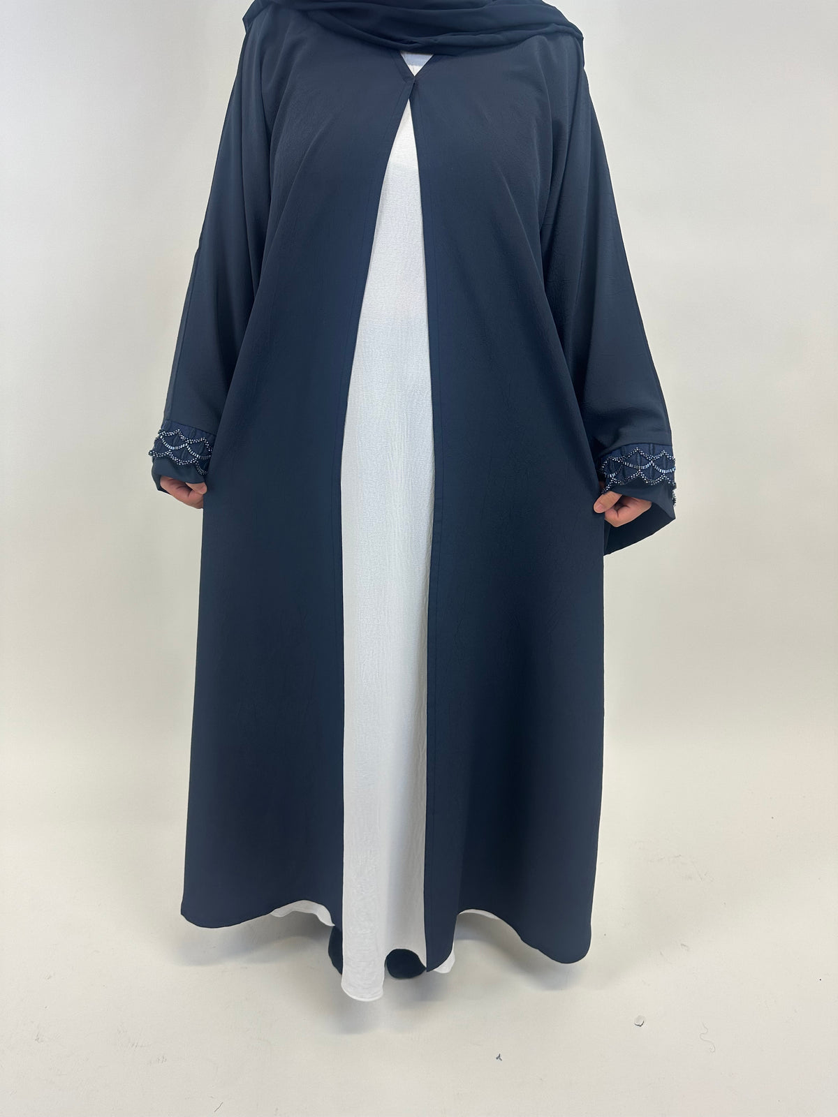 Women’s navy embroidered open abaya front view