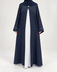 Women’s navy embroidered open abaya front view