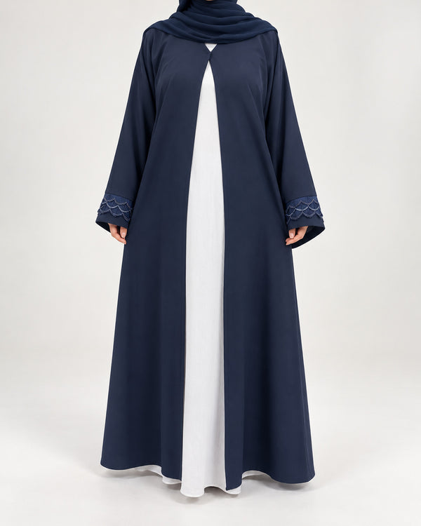 Women’s navy embroidered open abaya front view