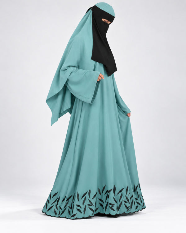 Women’s teal embroidered closed abaya front view